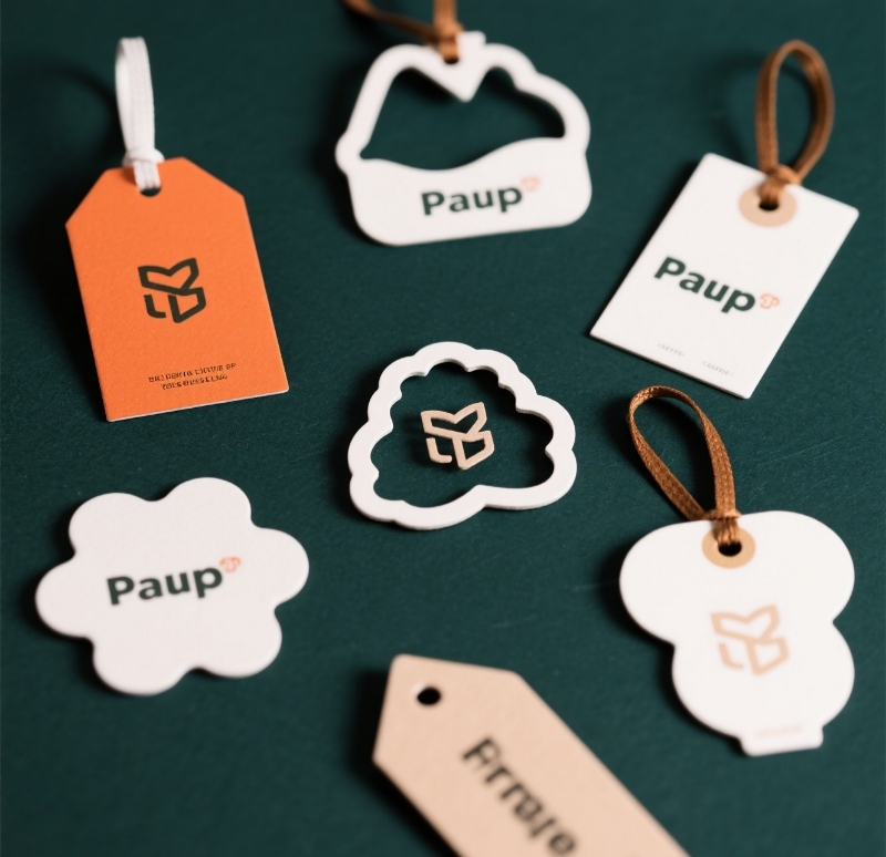 Custom die-cut hang tags in various shapes, designed for brand differentiation.